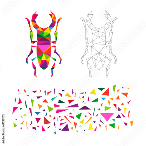 Polygonal puzzle game. Constructor from triangles. Collect a stag beetle. Intellectual development. Poly art concept. Business idea for creative anti stress activity. 