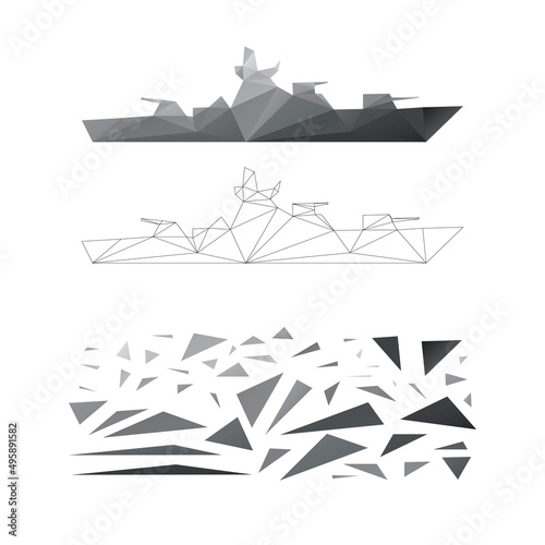 Polygonal puzzle game. Constructor from triangles. Collect a warship. Intellectual development. Poly art concept. Business idea for creative anti stress activity. 