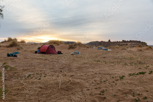 Tourist tent on the sand in the Sahara desert. Tourist camp. Dawn in the desert. © Mieszko9