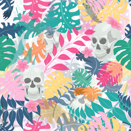 Seamless pattern with exotic jungle plants and human skulls. Tropical palm leaves and flowers. Illustration for Mexican holiday Day of the Dead  Dia de los Muertos  multicolored on white background