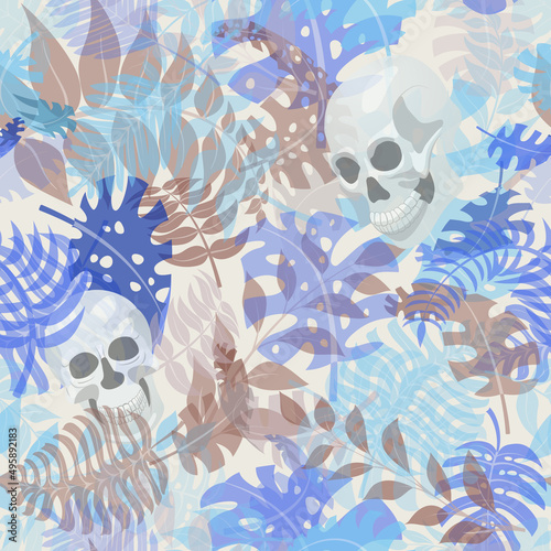 Seamless pattern with exotic jungle plants and human skulls. Tropical palm leaves and flowers. Illustration for Mexican holiday Day of the Dead, Dia de los Muertos, multicolored on white background