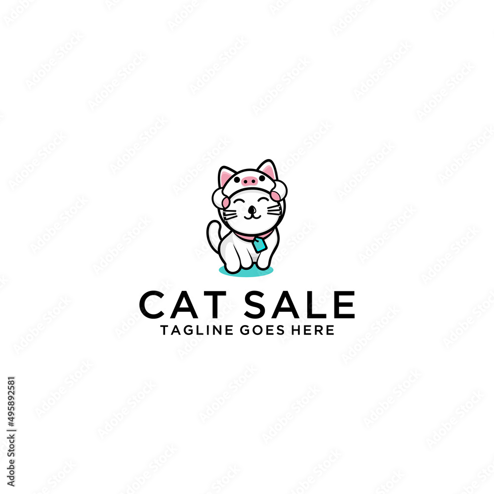 Cat with pig hat logo design