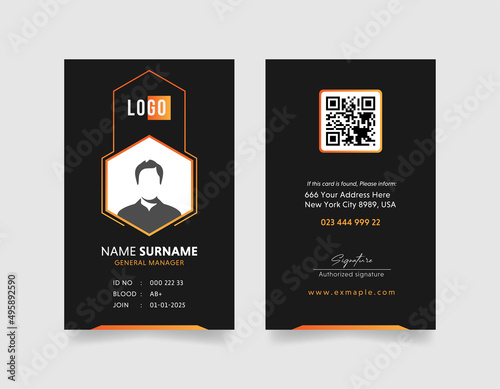 professional business or corporate id card template with photo place. modern layout design with black color background
