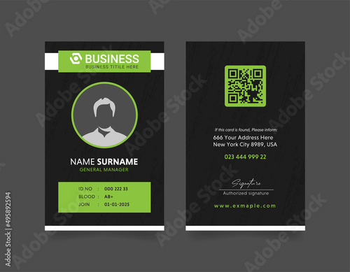 business or corporate id card template with photo place. modern layout design with black background, green shape