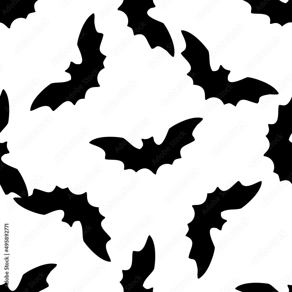 Fototapeta premium black bat silhouette pattern for Halloween. A seamless pattern of a soaring bat with pointed ears is drawn in the style of doodles randomly placed on white for textiles