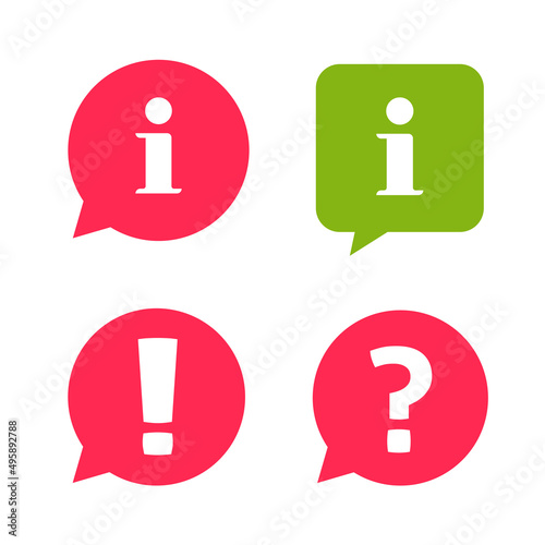 Info inform icons with question ask information hint tip notice, warning alert important exclamation message, caution error notice pictogram, faq help desk mark note in bubble speech flat