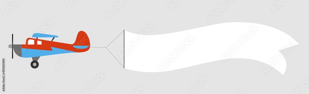 Plane with banner in the sky isolated on white background. Air vehicle with an empty ribbon for advertising. Simple design Plane with banner in the sky isolated on white background. Air vehicle with an empty ribbon for advertising. Simple design