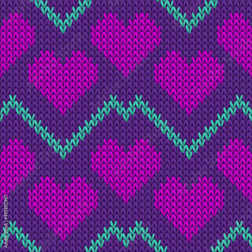 Hygge heart knit norwegian vector seamless pattern. Knitting imitation valentine