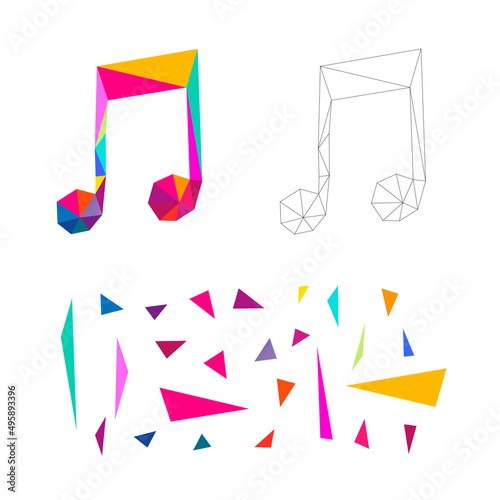 Polygonal puzzle game. Constructor from triangles. Collect a musical note. Intellectual development. Poly art concept. Business idea for creative anti stress activity. 