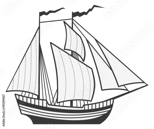 Old sailing ship. Brigantine icon. Pirate galleon
