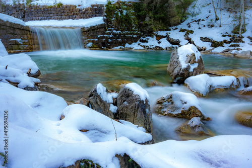 Fluss, Winter, Wasserfall, Schnee, Steine, Wasser, Halbammer, Ammer, Bayern, Oberbayern