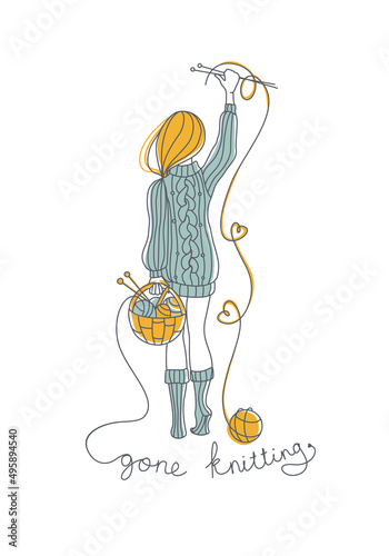 Сute girl holds a basket of yarn and knitting needles in her hands. Favorite hobby knitting, crochet. Cozy pastime at home. Vector illustration. Logo.