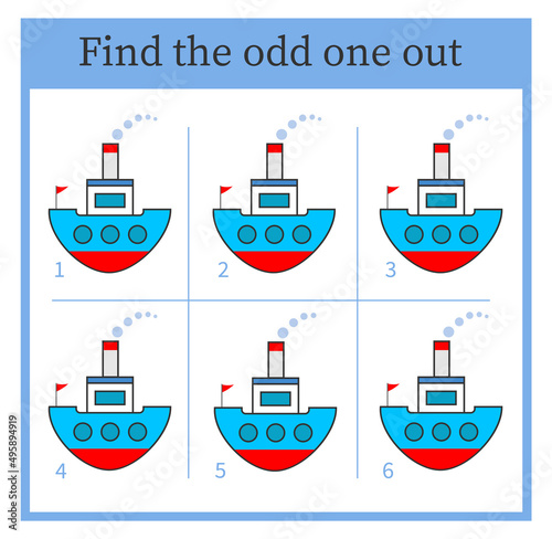 Logic puzzle for children. Find the odd one out. Printable worksheet. Vector illustration