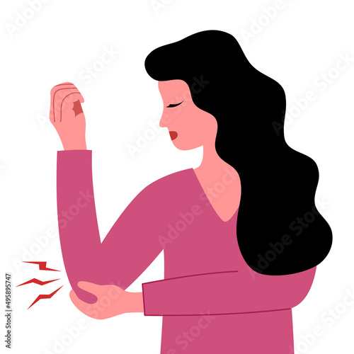 Young woman having arm pain in flat design on white background. Physical injury. Muscle or bone problem.