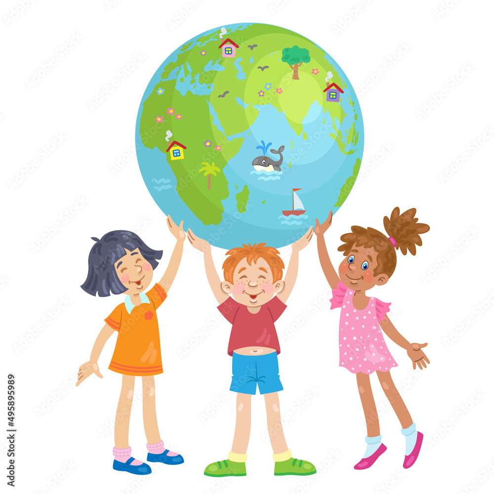 Happy children of different nationalities hold the planet. In cartoon style. Isolated on white background. Vector flat illustration Happy children of different nationalities hold the planet. In cartoon style. Isolated on white background. Vector flat illustration