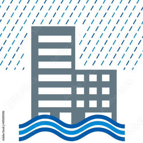 商業ビルディング、マンション、家の洪水、水害のイラスト アイコン シルエット 損害保険自然災害イメージ
