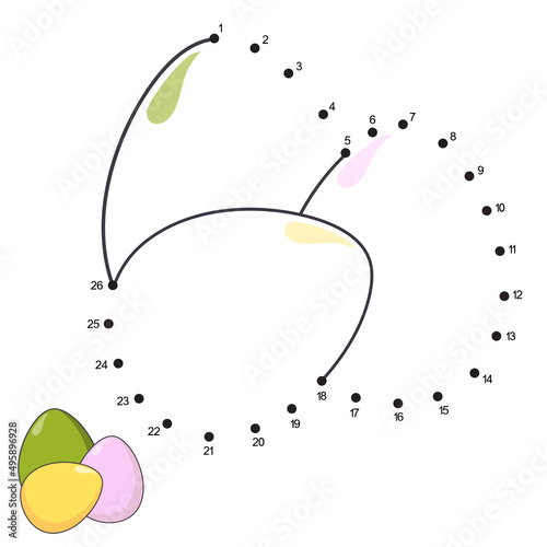 Dot to dot Game. Easter eggs. Connect the dots by numbers to draw the cartoon Paschal Eggs. Logic Game and Coloring Page with answer. Easter education worksheet for kids practicing count numbers 1-26.