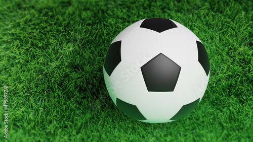 realistic soccer ball or football ball in black and white color with shadow on green grass background. 3d rendering