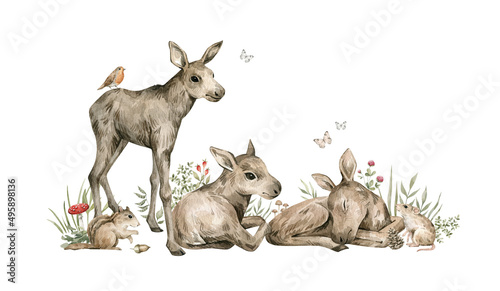 Watercolor forest baby animals. Cute moose  flowers  berries. Summer woodland  nature scene  valley. Wildlife creatures