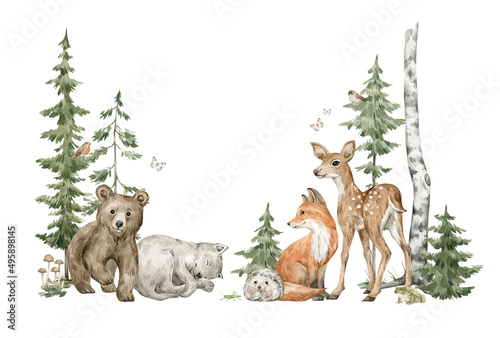 Watercolor composition with forest animals and natural elements. Deer, fox, wolf, bear, green trees, pine, fir, flowers. Woodland creatures in the wild. Illustration for nursery, wallpaper