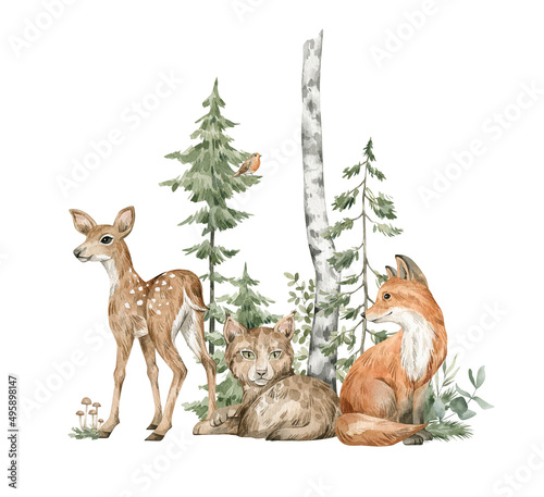 Watercolor composition with forest animals and natural elements. Deer  lynx  fox  green trees  pine  fir  flowers. Woodland creatures in the wild. Illustration for nursery  wallpaper