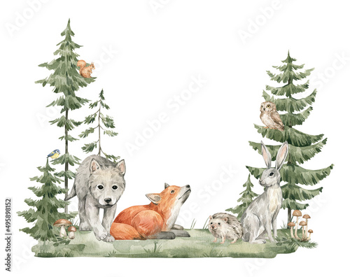 Canvas Print Watercolor composition with forest animals and natural elements