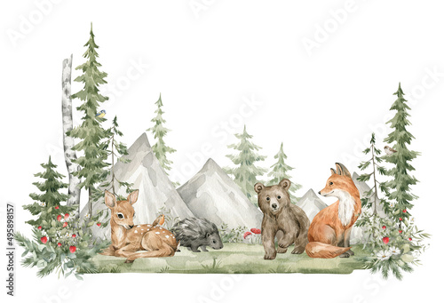 Watercolor composition with forest animals and natural elements. Deer, fox, bear, mountain, green trees, pine, fir, flowers. Woodland creatures in the wild. Illustration for nursery, wallpaper photo