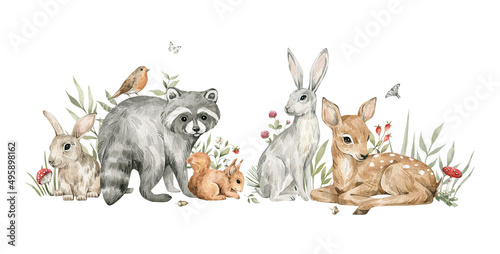 Watercolor forest baby animals. Raccoon, deer, hare, squirrel, flowers, mushrooms. Summer woodland, nature scene, valley. Wildlife creatures photo