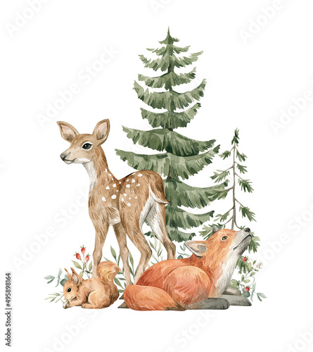 Watercolor composition with forest animals and natural elements. Deer, fox, squirrel, green trees, pine, fir, flowers. Woodland creatures in the wild. Illustration for nursery, wallpaper