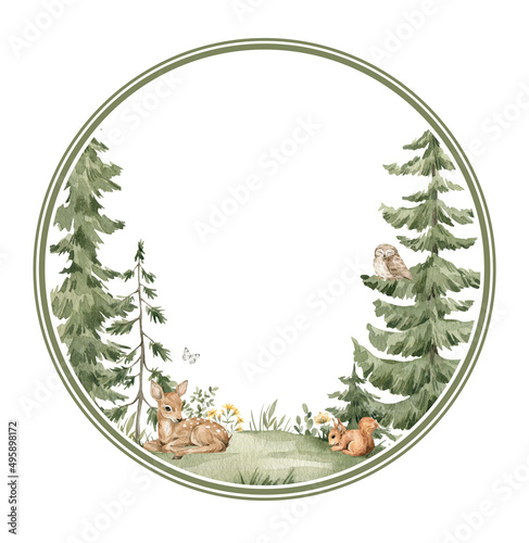 Canvas Print Watercolor frame with nature landscape, green spruce trees, evergreen fir and wild animals