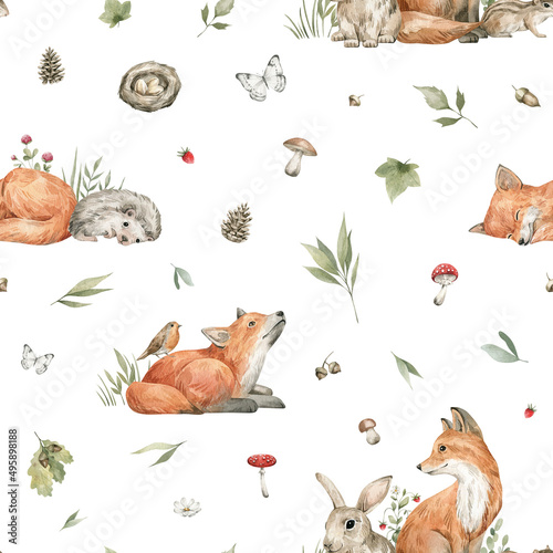 Photography Watercolor seamless pattern with forest animals and natural elements