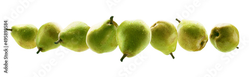 Green pears levitate on a white background