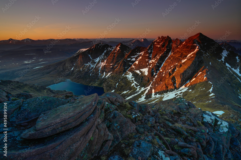 Sunrise over the Mountain range known as An Teallach located in the highlands of Scotland