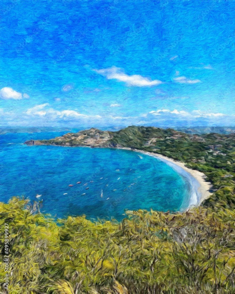 Watercolor and pastel drawing nature landscape, tropical travel and touristic place, Seychelles island vacation, trend print for poster, textile or canvas. Modern fine arts design wallpaper. Wall art
