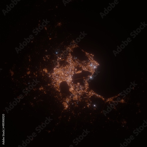 Tunis (Tunisia) street lights map. Satellite view on modern city at night. Imitation of aerial view on roads network. 3d render