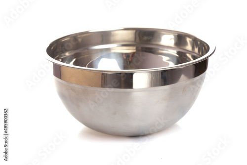 metal chrome polished salad bowl empty on white isolated background