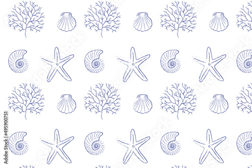 Sea blue shell vector pattern seamless 