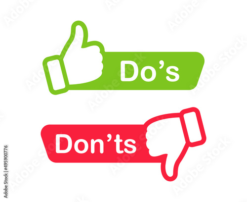 Do and Don't icons. Like and dislike symbols. Positive and negative signs. Thumb up and thumb down icon. Vector illustration.