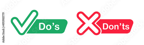 Do and Don't icons. Check mark and cross. Like and dislike symbols. Positive and negative signs. Vector illustration.