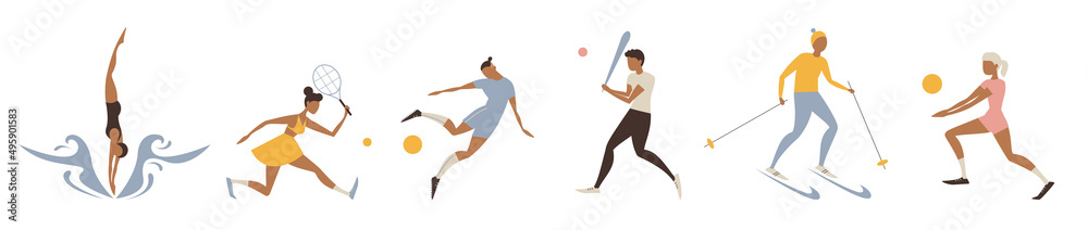 Vector illustration of cartoon sports icons on white background.