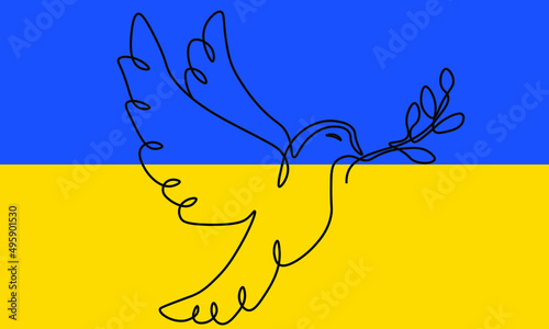Illistration flag of ukraine blue and yellow colors and bird dove of peace with twig one line design