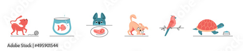 Vector illustration of cartoon pets icons on white background.