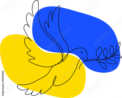 Illistration flag of ukraine blue and yellow colors and bird dove of peace with twig one line design