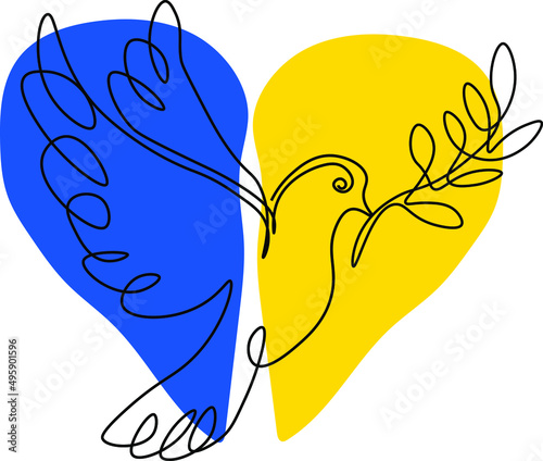 Illistration flag of ukraine blue and yellow colors and bird dove of peace with twig one line design
