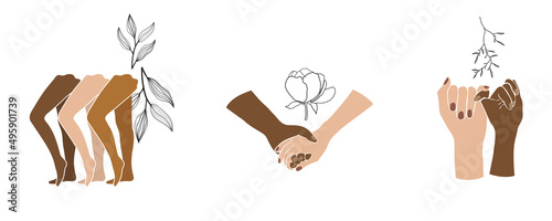 diversity woman social community. group of multi ethnic, multicultural racial woman silhouette hand and body. concept of connection, support and friendship, woman circle, exchange ideas, empowerment