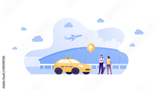 Fototapeta Naklejka Na Ścianę i Meble -  Tourism, travel and taxi service concept. Vector flat people illustration. Tourist group of man and african woman with baggage waiting transfer car on airport terminal background.