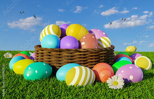Colorful Ester eggs in a basket - 3d illustration