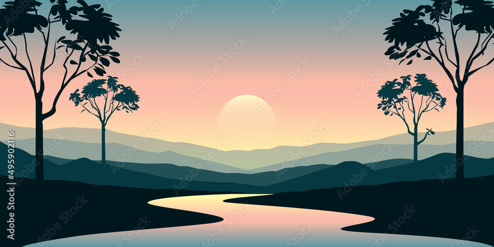 beautiful jungle landscape river and mountain view at sunset