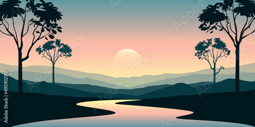 beautiful jungle landscape river and mountain view at sunset