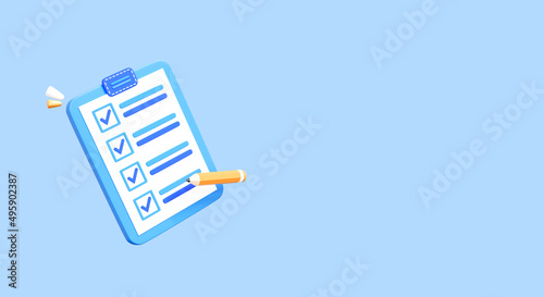3D Clipboard with completed task list. Project plan document. Checklist with successfully completed business tasks. Isolated icon on blue background with empty copy space for promotion. 3D Rendering photo